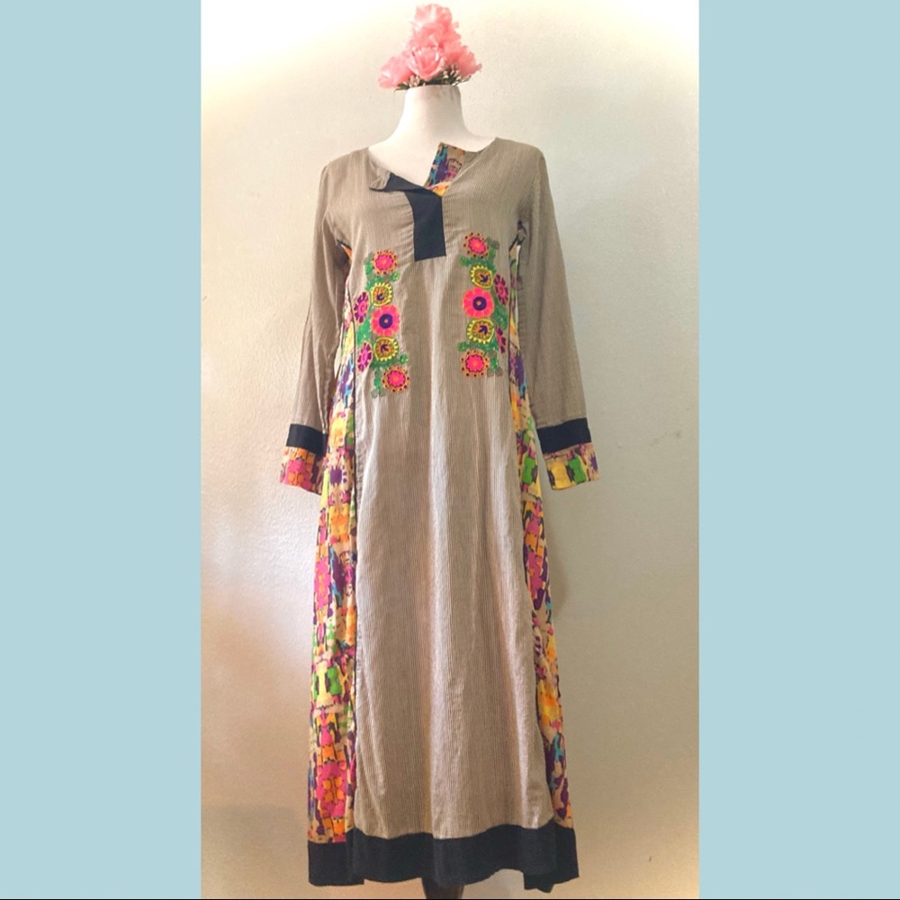 Gauzy striped summer beach dress with colorful floral embroidery
